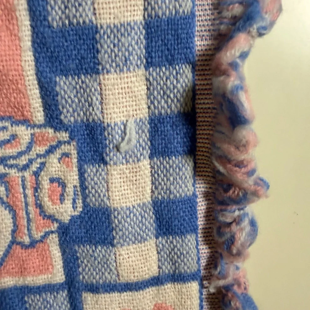 Vintage Disney Baby Blanket Woven Tapestry Mickey Minnie Donald Goofy Blue Pink